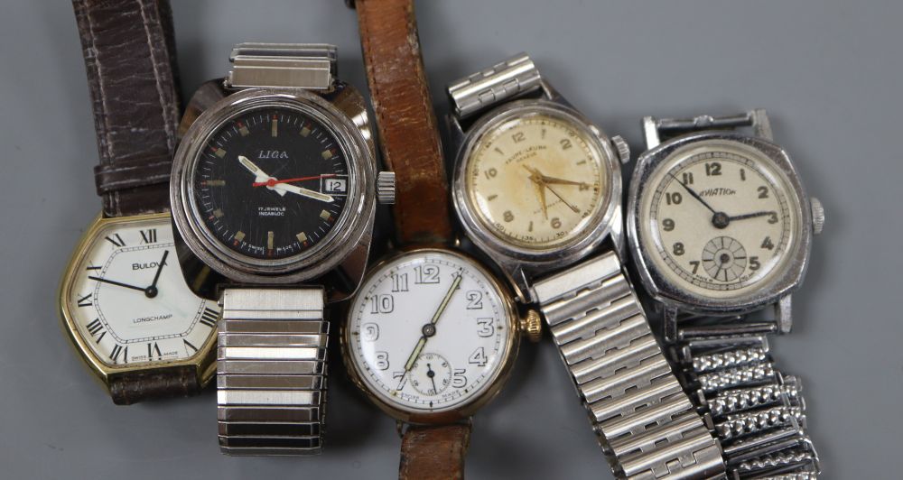 Five assorted wrist watches including Liga, Favre-Leuba and Bulova.